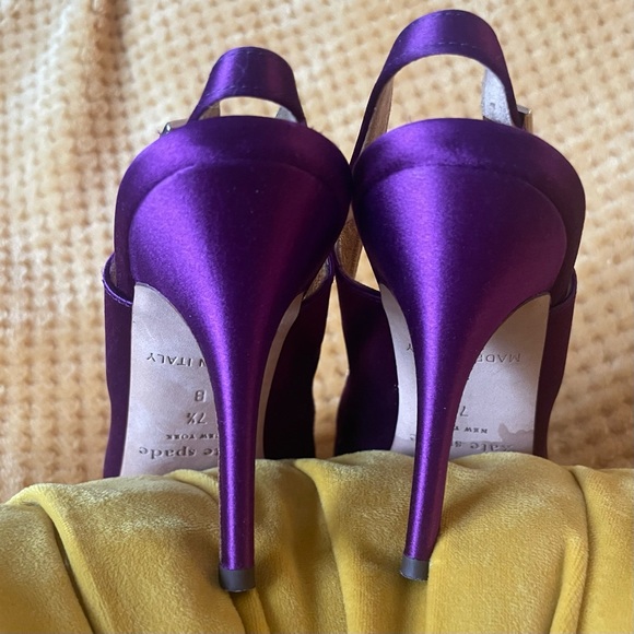Kate Spade purple satin peep toe high heels w rhinestone bows wmn Sz 7.5 - Picture 7 of 15